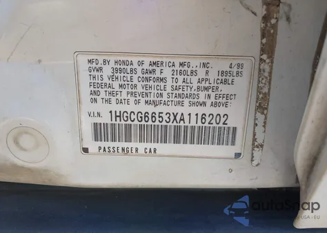 1999 Honda Accord Lx from USA, damaged, VIN 1HGCG6653XA116202